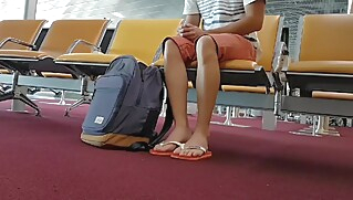 amateur Boy put on flip flops and anklet in airport handjob